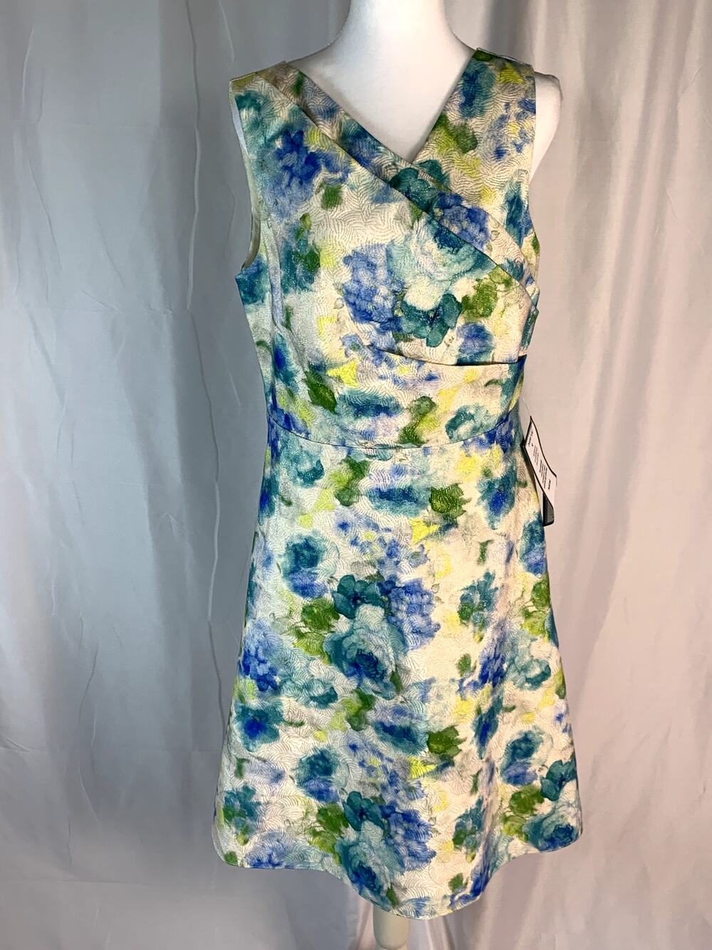Adrianna Papell Asymmetrical Jacquard Midi Dress –Ivory/Blue Multi – Size 8  NWT